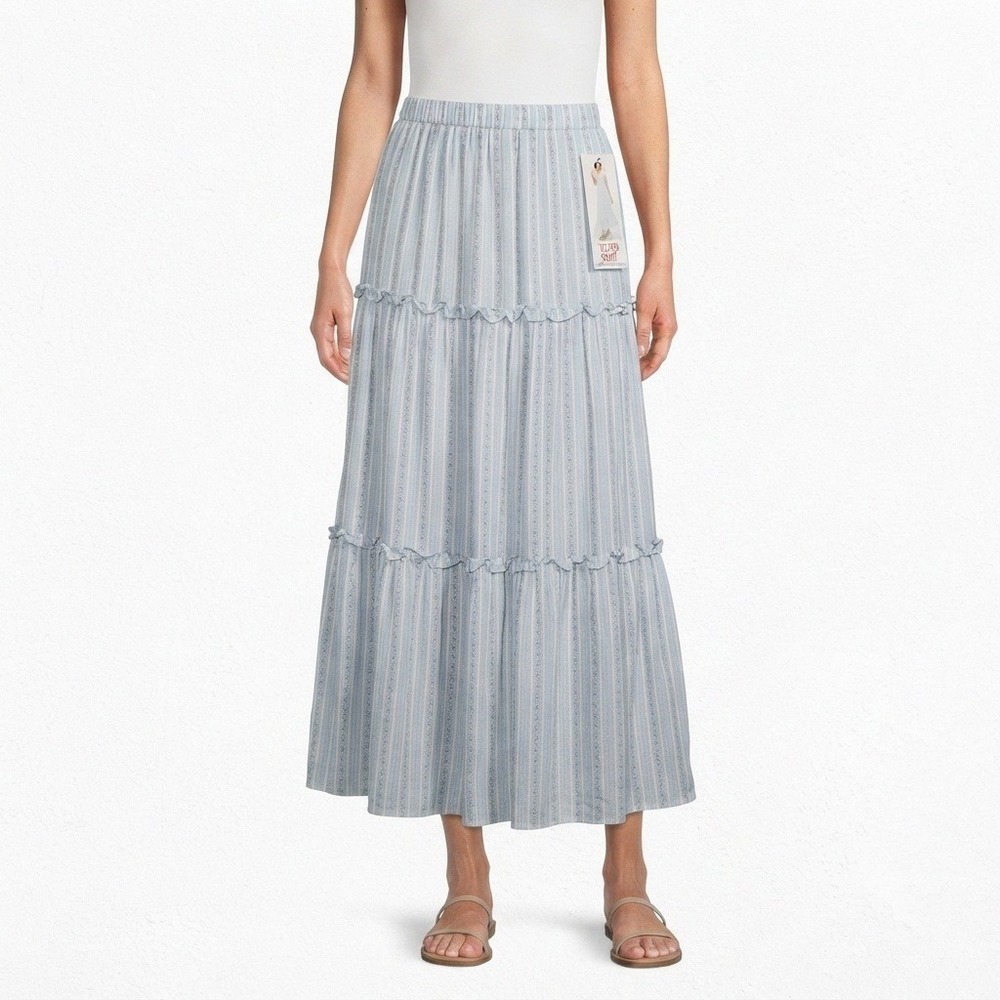 Celebrity Pink Skirt Womens Small Blue Floral Stripe Tiered Maxi NWT
